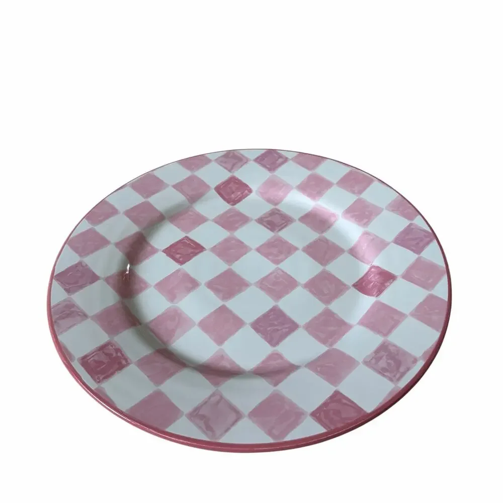 NEW Mackenzie-Childs Pink Check Dinner Plate 11in Portugal Stoneware